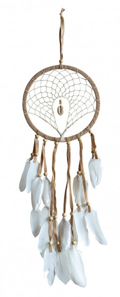 Traumfänger "Diamond" Leder mit Kauri Muschel und vielen Federn, braun 16x55cm
