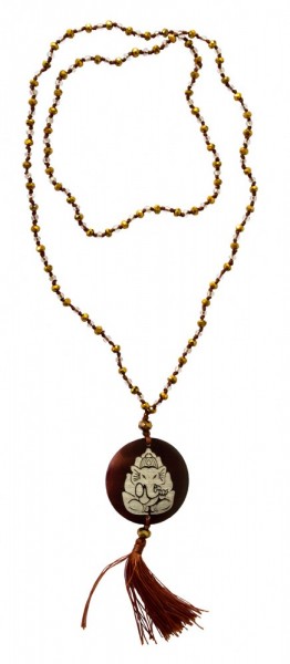 Mala Ganesha Glasperlen goldfarben mit gelaserter Muschelscheibe